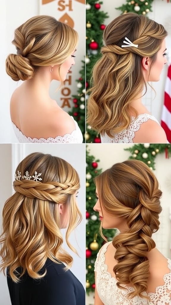 Collage of Christmas hairstyles with side part, including a sleek bun, soft waves, half-up style, and braided crown.